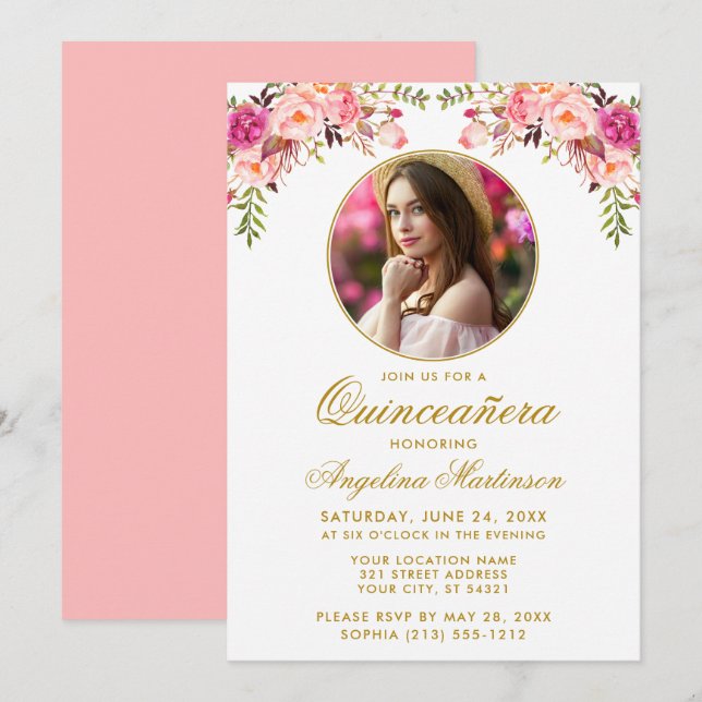 Watercolor Pink Floral Quinceanera Round Frame Invitation (Front/Back)