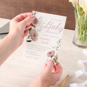 watercolor pink floral roses girl baby shower vellum invitations