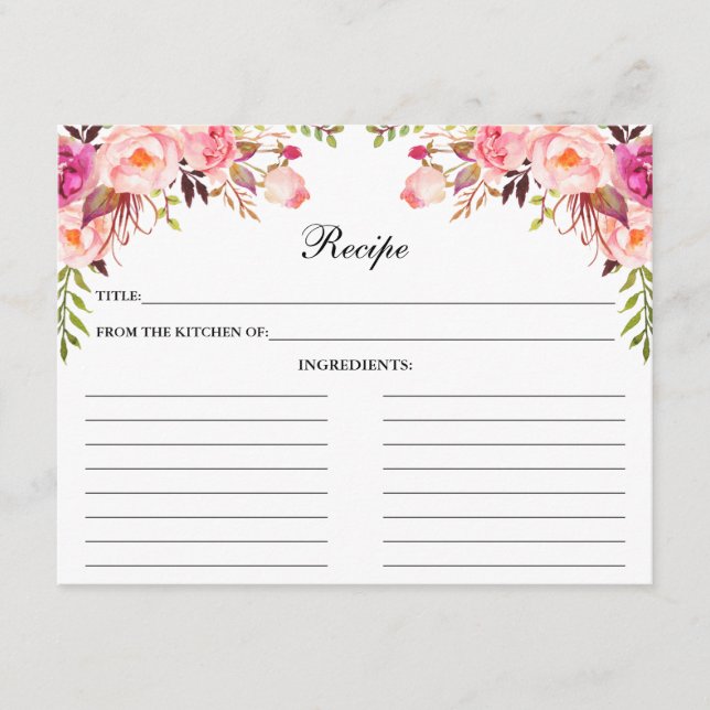 Watercolor Pink Floral Shower Recipe Card (Front)