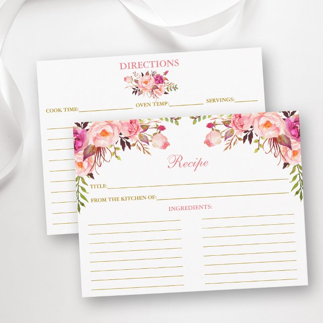 Watercolor Pink Floral Shower Recipe Card Gold (Customize to change text color, size or text style.)