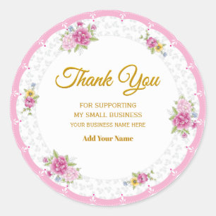Watercolor  Pink Floral Small Business Thank You  Classic Round Sticker
