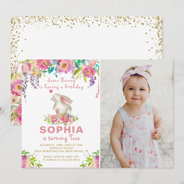 Watercolor Pink Floral Some Bunny Birthday Photo Invitation (Front/Back)