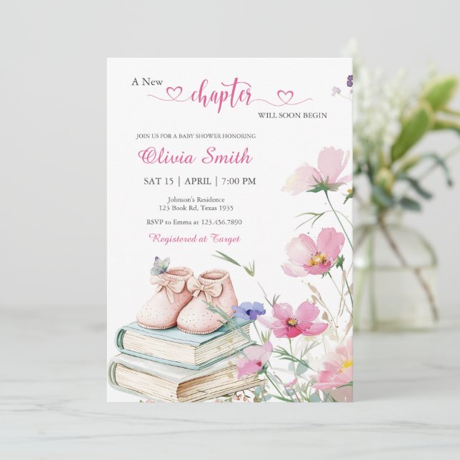 Watercolor Pink Floral Storybook Baby Shower Invitation (Standing Front)