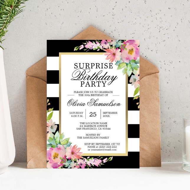 Watercolor Pink Floral SURPRISE Birthday Party Invitation (Watercolor Pink Floral SURPRISE Birthday Party Invitation)