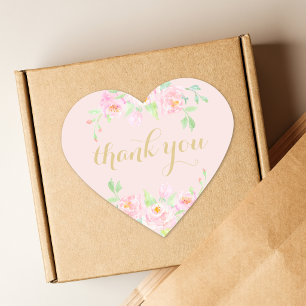 Watercolor Pink Floral Thank You Blush Pink Heart Sticker