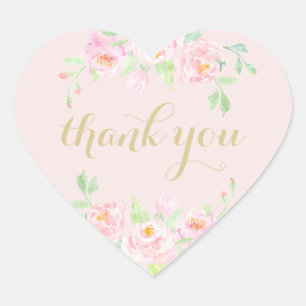 Watercolor Pink Floral Thank You Blush Pink Heart Sticker
