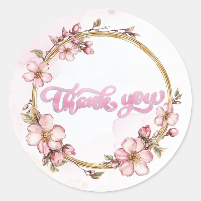 Watercolor Pink Floral Thank You  Classic Round Sticker (Front)