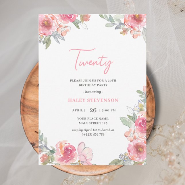 Watercolor Pink Floral Twenty Boho Chic Birthday Invitation (Creator Uploaded)