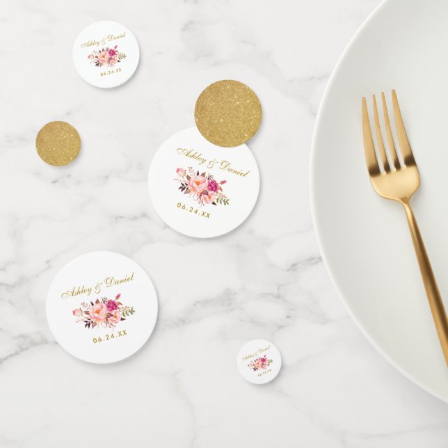 Watercolor Pink Floral Wedding Gold Glitter Confetti (Group)