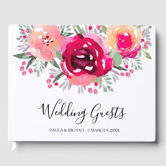 Watercolor Pink Floral Wedding Guest Book (Front)