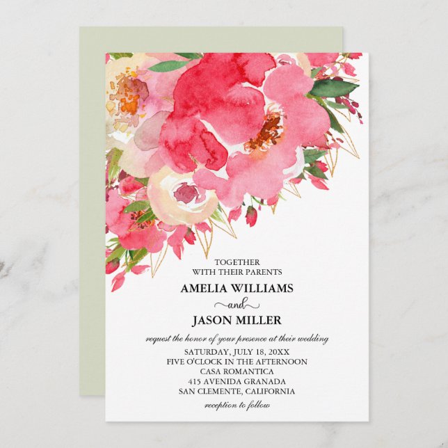 Watercolor Pink Floral Wedding Invitations (Front/Back)