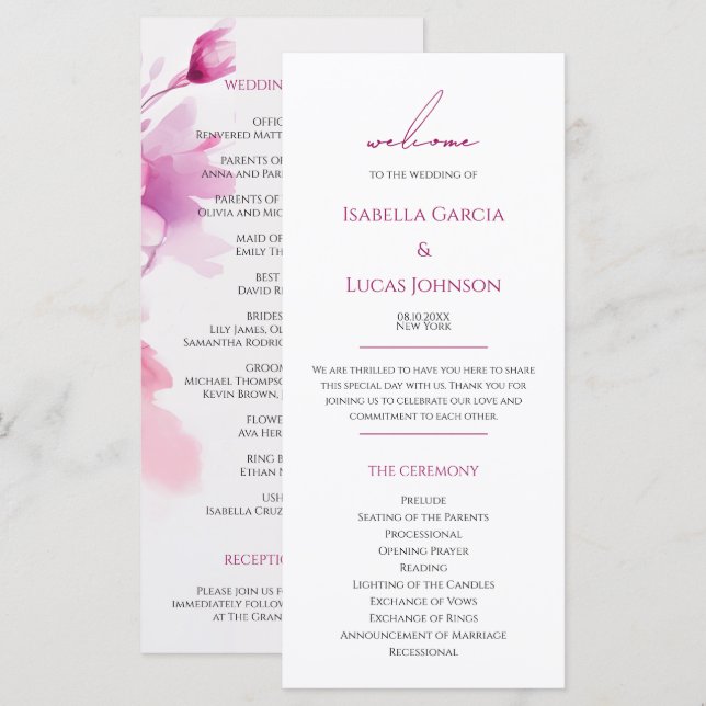 Watercolor Pink Floral Wedding Program (Front/Back)