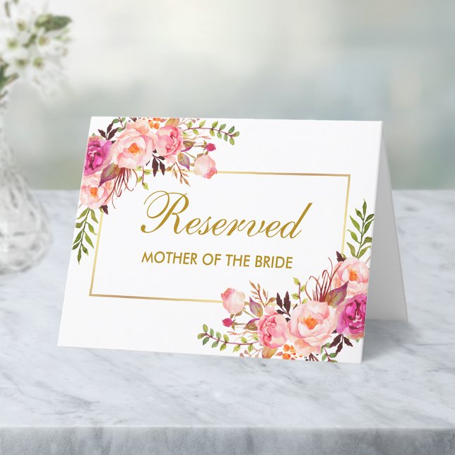 Watercolor Pink Floral Wedding Reserved Name Place Card (Customize to change text size, style or color.)