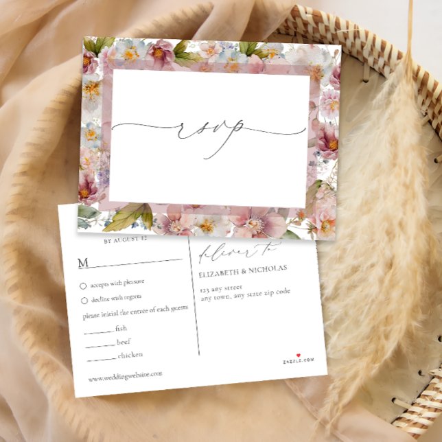 Watercolor Pink Floral Wedding RSVP Postcard (Creator Uploaded)