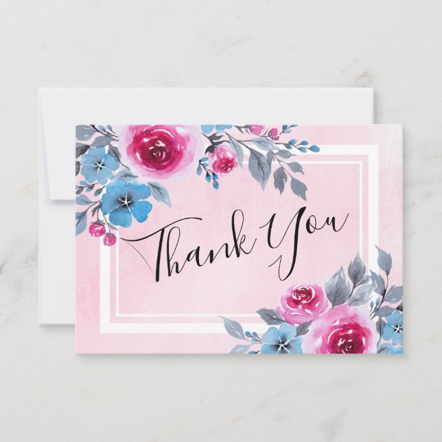 Watercolor Pink Floral Wedding Thank You  Card (Front)