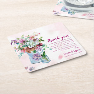 Watercolor Pink Floral Wedding Thank you Message Square Paper Coaster