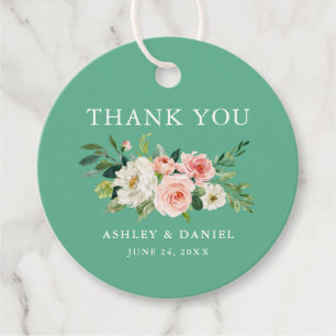 Watercolor Pink Floral Wedding Thank You Neo Mint Favour Tags