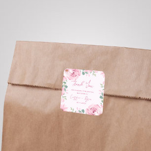 Watercolor Pink Floral Wedding Thank You Square Sticker