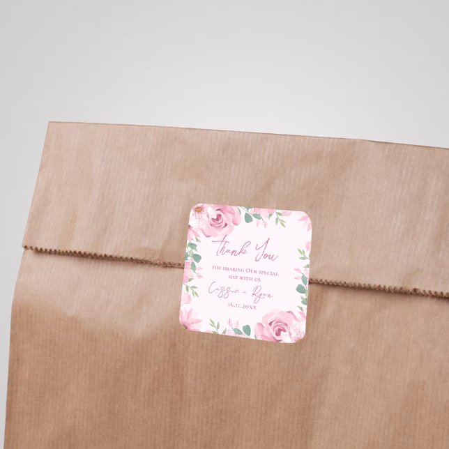 Watercolor Pink Floral Wedding Thank You Square Sticker (Watercolor Pink Floral Wedding Thank You Square Square Sticker)