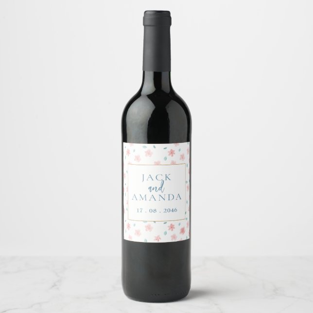 Watercolor Pink Floral Wedding Wine Bottle Label (Front)