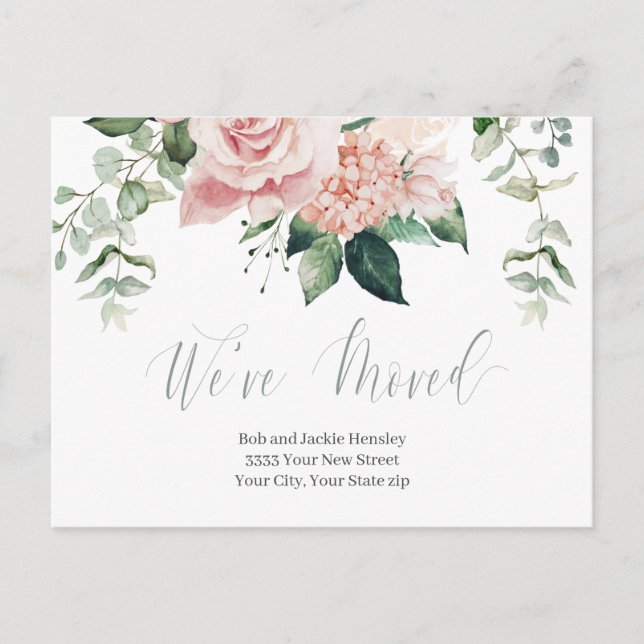 Watercolor Pink Floral We've Moved Announcement Postcard (Front)