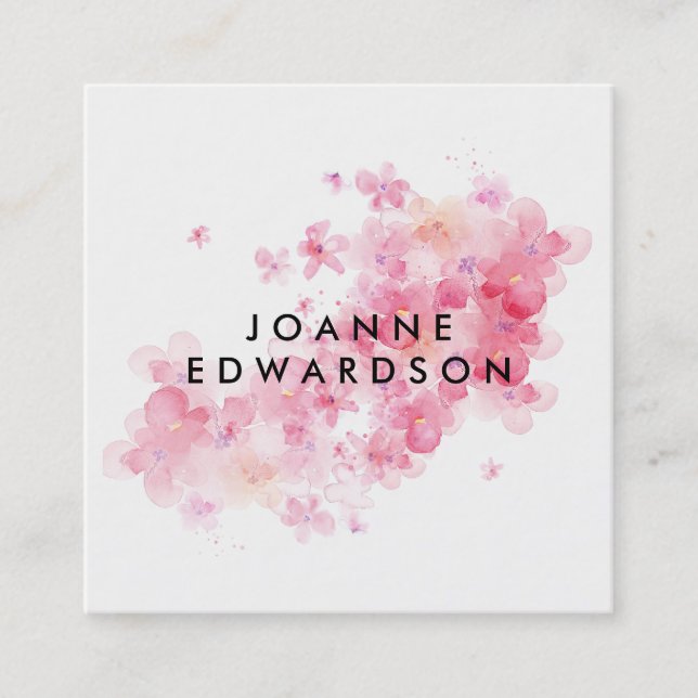 Watercolor pink floral white professional square business card (Front)