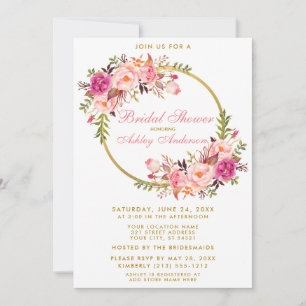 Watercolor Pink Floral Wreath Gold Bridal Shower P Invitation