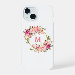 Watercolor Pink Floral Wreath Monogram iPhone 15 Case