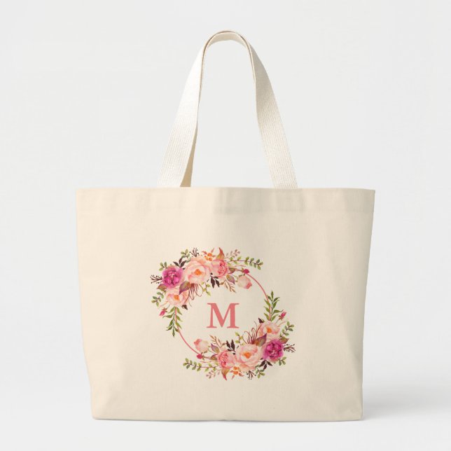 Watercolor Pink Floral Wreath Monogram Large Tote Bag (Front)