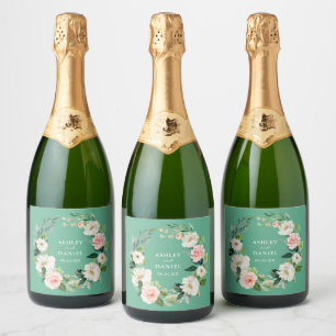 Watercolor Pink Floral Wreath Wedding Neo Mint Sparkling Wine Label