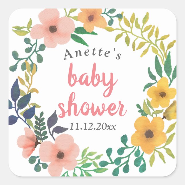 Watercolor Pink Florals | Baby Shower Square Sticker (Front)