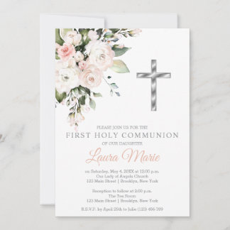 Watercolor Pink Florals First Holy Communion Invitation