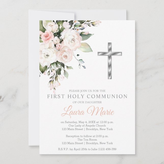 Watercolor Pink Florals First Holy Communion Invitation (Front)