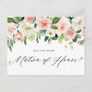 Watercolor Pink Florals Matron of Honour Proposal Invitation Postcard