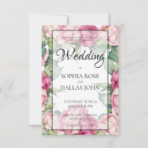 Watercolor pink florals peonies roses wedding invitation