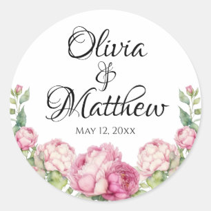 Watercolor pink florals pink peonies pink roses classic round sticker