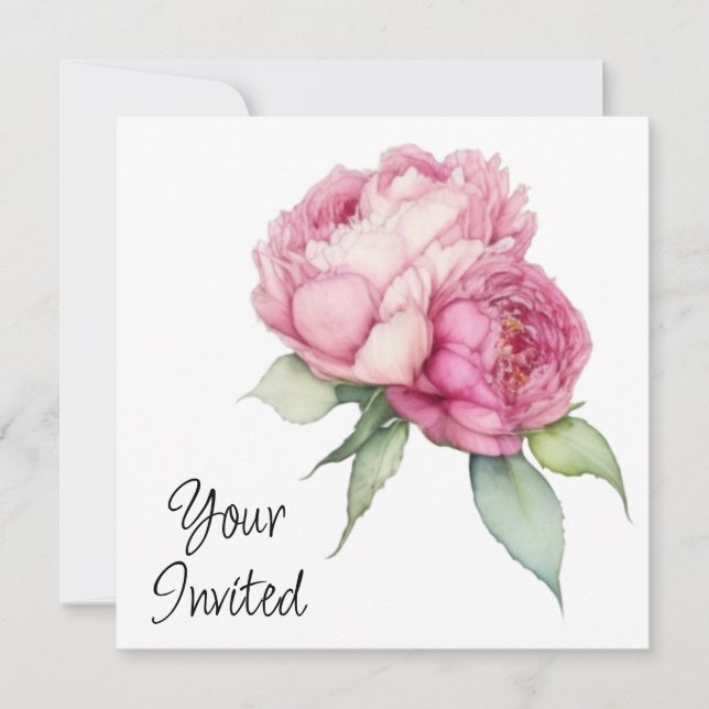 Watercolor pink florals pink peonies pink roses invitation (Front)