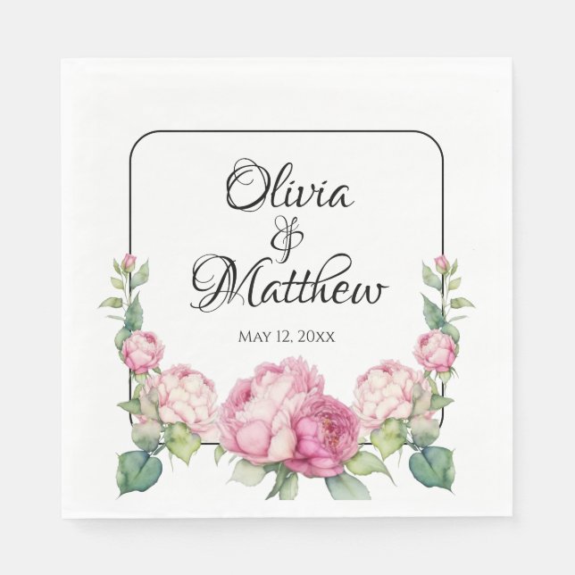 Watercolor pink florals pink peonies pink roses napkin (Front)
