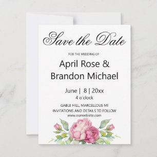 Watercolor pink florals pink peonies pink roses save the date
