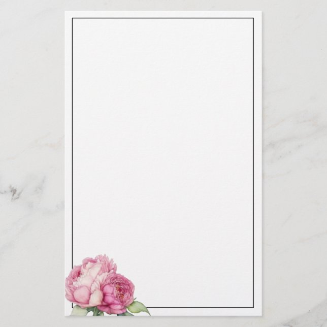 Watercolor pink florals pink peonies pink roses stationery (Front)