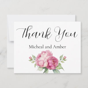 Watercolor pink florals pink peonies pink roses thank you card