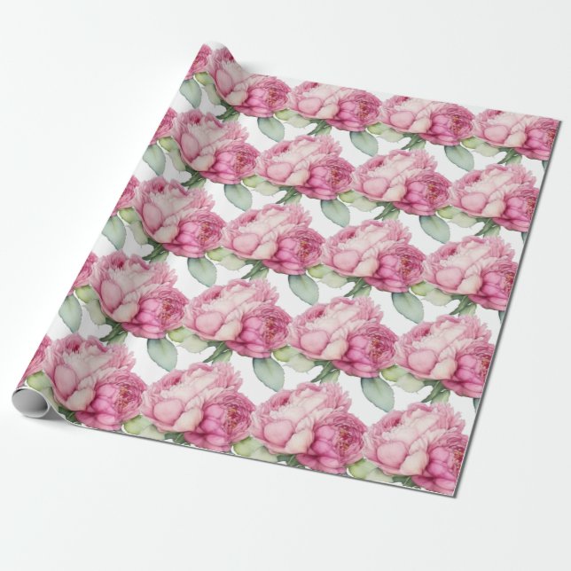 Watercolor pink florals pink peonies pink roses wrapping paper (Unrolled)
