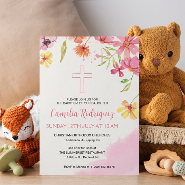 Watercolor Pink Flower Baby Girl Baptism  Invitation (Creator Uploaded)