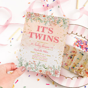 Watercolor Pink Flower Bloom Twin Girl Baby Shower Invitation