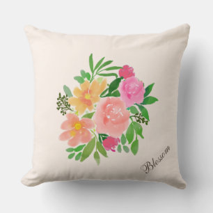 Watercolor Pink Flower Bouquet on Ivory Cushion