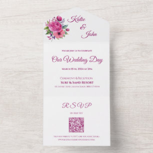 Watercolor Pink Flower Bouquet-Wedding- All In One Invitation