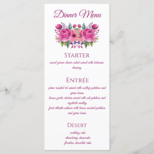 Watercolor Pink Flower Bouquet-Wedding Menu- Menu