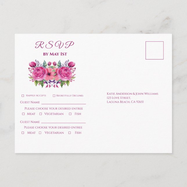 Watercolor Pink Flower Bouquet-Wedding RSVP- Invitation Postcard (Back)