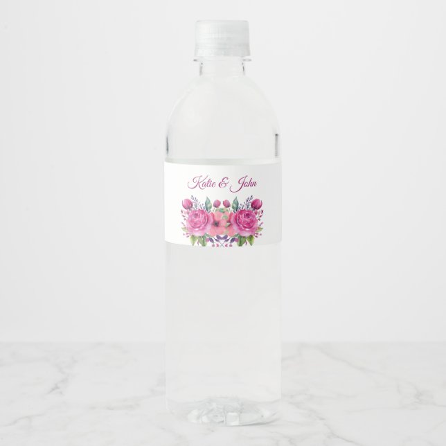 Watercolor Pink Flower Bouquet-Wedding- Water Bottle Label (Front)