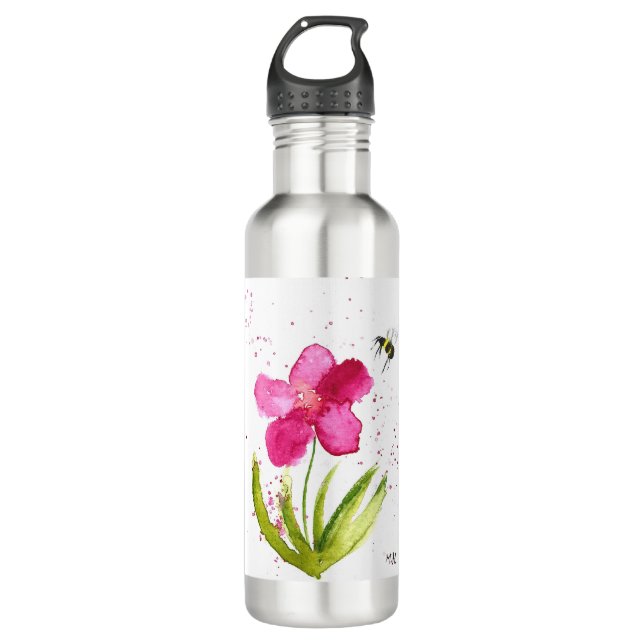 Watercolor pink flower bumblebee 710 ml water bottle (Front)